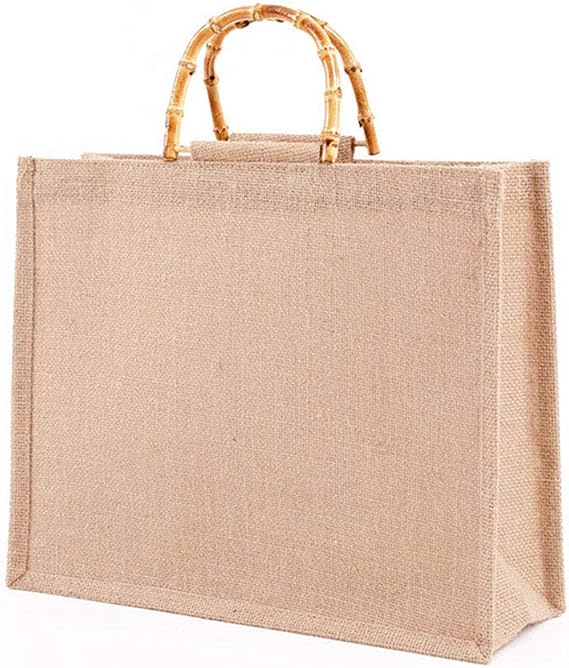 Portable Burlap Shopping Bag Handbag Bamboo Handles Light Brown