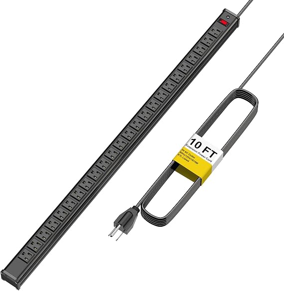 24 Outlet Long Power Strip, Heavy Duty Metal Power Strip with 10 ft Long Extension Power Cord for Cabinet, Industrial, Commercial Home Wall Mount Power Strip,ETL Listed (Black)