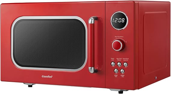 COMFEE' CM-M093ARD Retro Microwave with 9 Preset Programs, Fast Multi-stage Cooking, Turntable Reset Function Kitchen Timer, Mute Function, ECO Mode, LED digital display, 0.9 cu.ft, 900W, Red