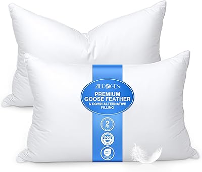 Feather Pillows Queen Size Firm - Goose Down Hotel Bed Pillow for Sleeping, Soft 600 Thread Count Cotton Cover, Fluffy Support Surround Fill Polyester for Side, Stomach, Back Sleepers