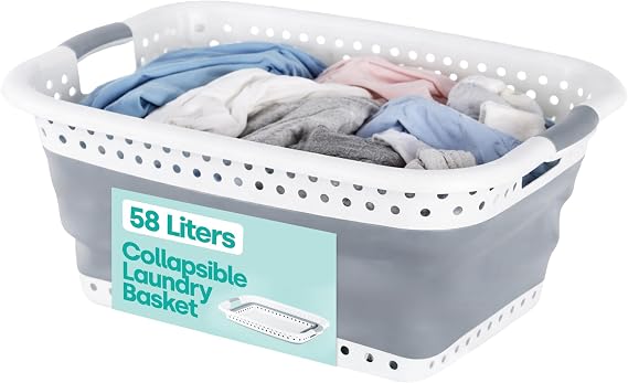 LIVIVO Collapsible Laundry Basket 58L - Foldable Laundry Basket with Handles, Large Space-Saving Pop Up Washing Basket - Multipurpose Laundry Hamper for Home, Dorms & Utility Rooms (Grey)