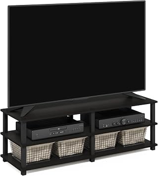 Furinno TURN-S-TUBE Toolless Assembly 3-Tier TV Stand, Entertainment Center for TV up to 55 Inch, Wide Printer Stand with Storage Shelf, for Living Room, Bedroom, Espresso