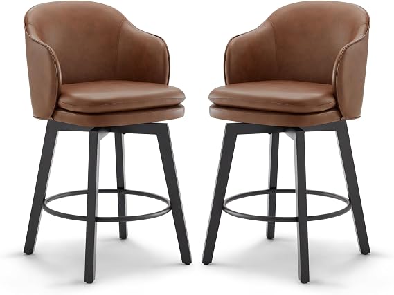 KISLOT Counter Height Barstools 26 inch Upholstered Swivel Bar Stools with Back for Kitchen Island,Set of 2,Brown PU Leather