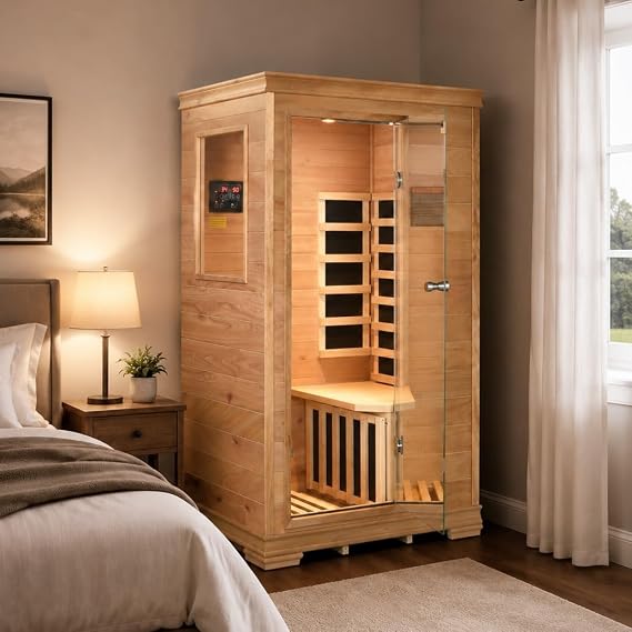 1 Person Far Infrared Sauna for Home, 960W/120V | Natural wood, elevated base, built-in speakers, tea tray, control panel,easy assembly