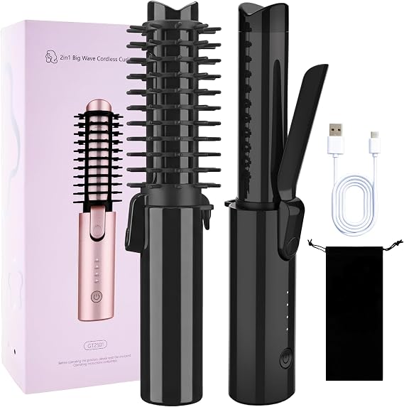 Cordless Curling Iron Brush, 3-in-1 Travel Hair Curler Straightener Brush, 7000mAh Rechargeable Mini Curling Iron Tool, 4 Temperatures/Fast Heating/Anti-Scald/Anti-Frizz Hot Rollers - Black