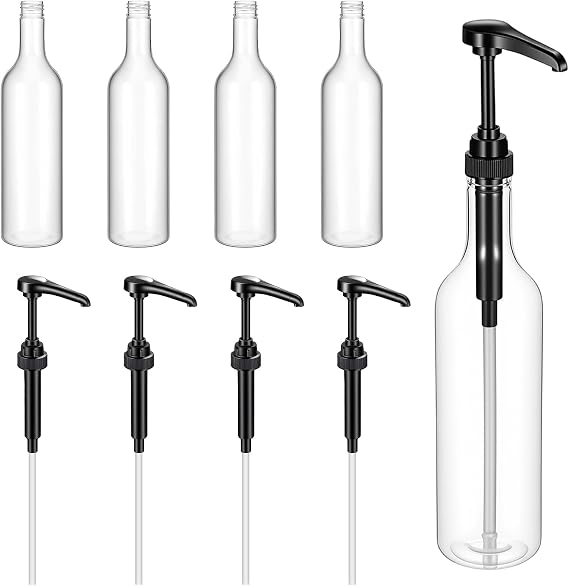 4 Pcs Syrup Bottles with Pump, 25 oz / 750 ml Long Neck Clear Bottles Plastic Syrup Pump Dispenser for Coffee Bar Accessories Home Party