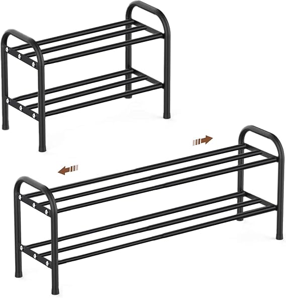 Expandable Shoe Rack, 2 Levels, Adjustable Metal Shoe Storage, 45 to 80 cm, Space Saving for Small Space, Hallway, Hallway Black Free Standing Shoe Rack Storage