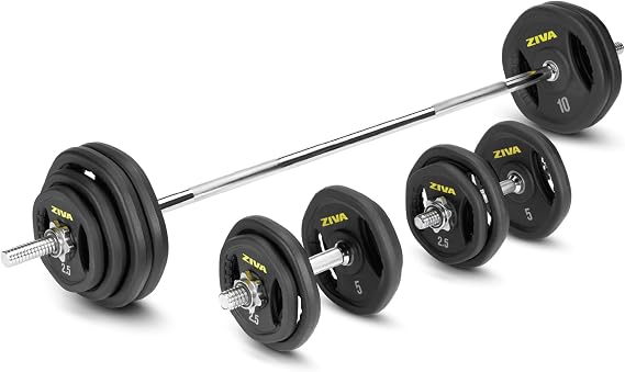 ZIVA 110lb Studio Weight Set - Adjustable Home Gym Kit with 16 Standard Rubber Urethane Plates (6 x 2.5 lb, 6 x 5 lb, 4 x 10 lb), 2-piece Threaded Standard Chrome Bar (5-ft/1.18" diam.), 2 Chrome Dumbbell Handles & 4 Spinlock Collars