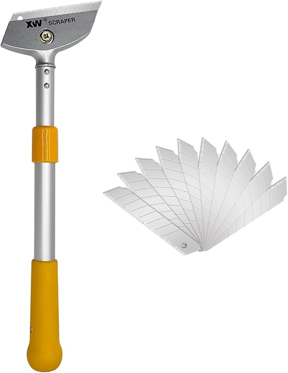 XW Razor Blade Scraper with Adjustable Handle, 23" Long Handle Heavy Duty Floor Scraper, Extra 10 PCS Blades Included