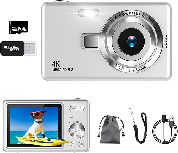 Digital Camera 4K Video Recording, 50 Million Pixels Digital Camera, 32 GB, Micro SD Card Included, AF Autofocus, Compact Camera, 2.7 Inch Large Screen, 16x Zoom, Flash, Image Stabilization, Webcam