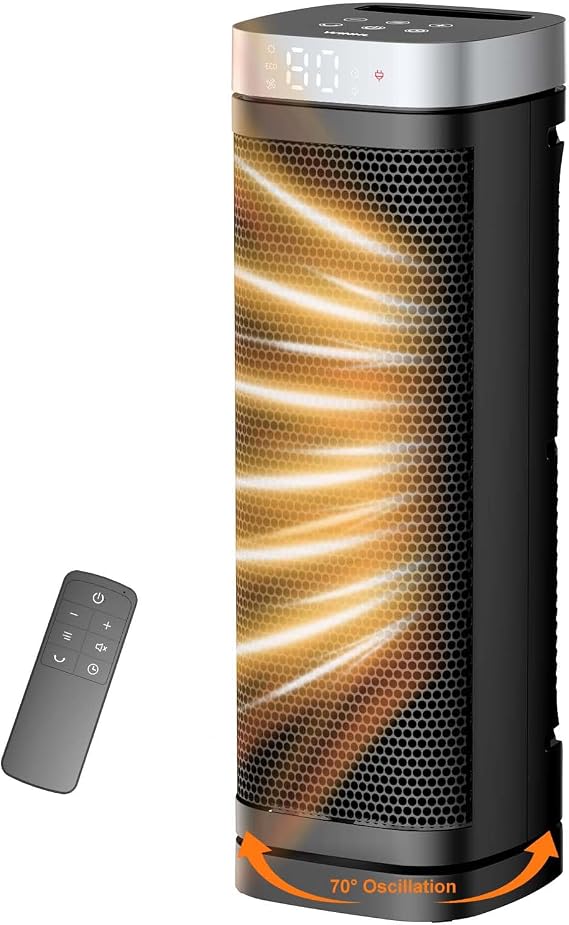 Space Heater, WINHL 17" Indoor Electric Heaters with Thermostat and Remote Control, 70° Oscillation, 12H Timer, 5 Modes, 1500W PTC Ceramic, Heating