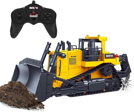 Bulldozer, 11 Channel Full Functional Dozer Vehicle, 360 Rotating RC Dozer with Metal Parts & Rubber Tracks, Remote Control Bulldozers with Lights & Sound, RC Construction Vehicles for Adults