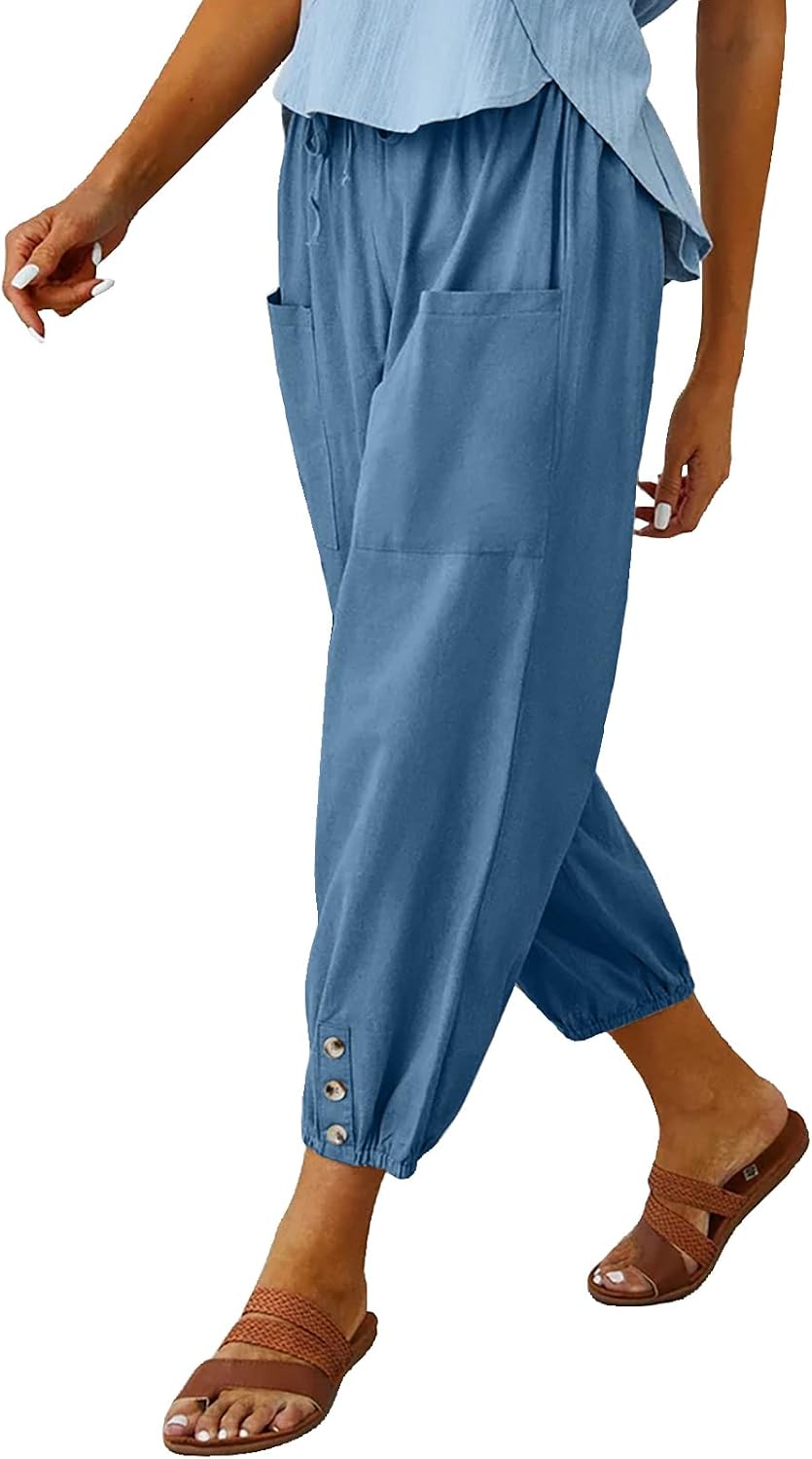 Womens Cropped Pants High Waist Drawstring Capri Pants Wide Leg with Pockets