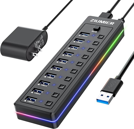 Powered USB Hub, 10-Port USB Splitter with RGB LED Strip
