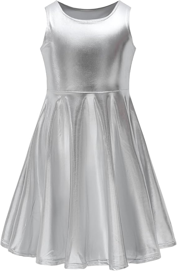 Girls Metallic Dress Kids Sparkly Shiny Dresses Twirl Swing Dresses