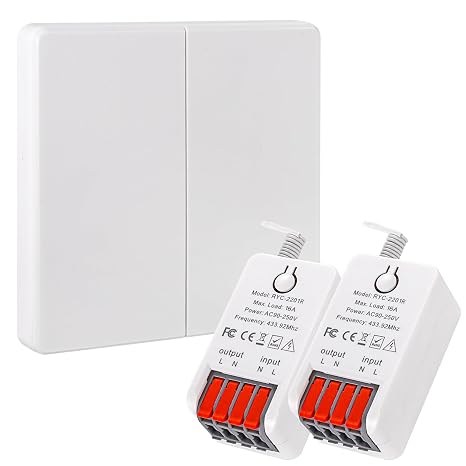Wireless Light Switch, 86 Type No Wiring DIY Light Switch Kit with 16A Receiver, AC 90-250V Long Range Remote Control Light Switch for Home/Garage (1 Switch 2 Receiver)