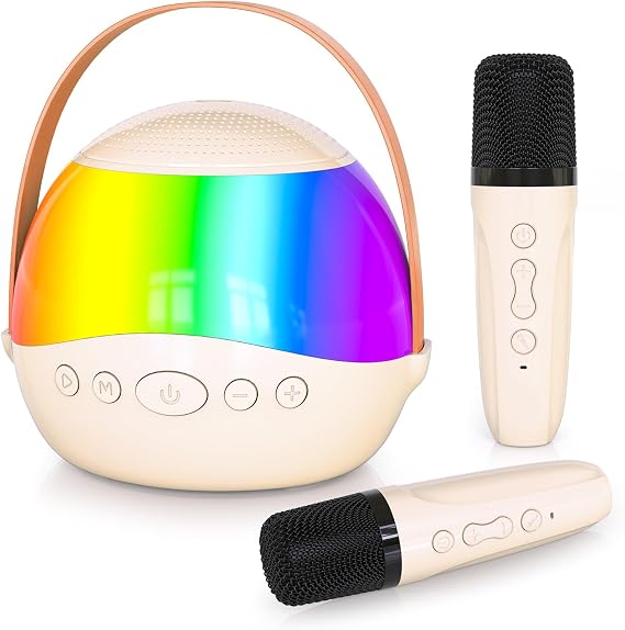 2025 New Mini Karaoke Machine Speaker for Kids Adults,Portable Bluetooth Speaker with 2 Wireless Mics,Colorful LED Lights, Home Travel & Party Play Gifts for Boys Girls (Beige)