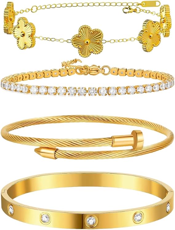 4 Pcs Gold Clover Bracelets for Women 18K Gold Plated Floral Bracelet Set Stackable Four Leaf Clover Bangle Bracelet Set Stainless Steel Bangles Non Tarnish Lucky Link Bracelets Jewelry Gifts