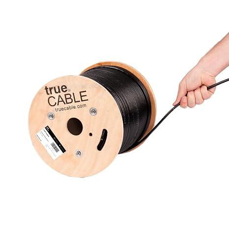 TRUE CABLE Cat6 Outdoor Bulk Ethernet Cable, Unshielded, 500ft, Black, UV Resistant, OSP Jacket, 23AWG Solid Bare Copper, 550MHz, PoE++ (4PPoE)