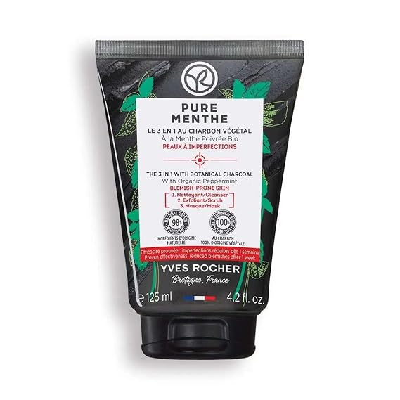 Yves Rocher Pure Menthe 3-in-1 Deep Cleansing Scrub Mask Organic Peppermint and Botanical Charcoal- 125ml/4.2 Fl. Oz.