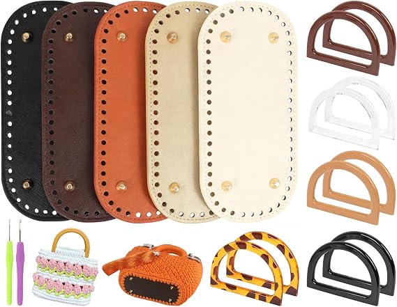 HSDJLXZ 17 PCS Bag Base and Handles Set for Crochet Bag Making, Includes 5 Leather Purse Bottoms, 10 Acrylic D Shape Handles, 2 Crochet Hooks, DIY Knitting Handbag Accessories Kit