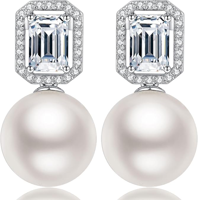 Jiamiaoi Large Pearl Earrings 925 Sterling Silver Pearl Earrings with Cubic Zirconia in White/Gray Colors, Come with Gift Box