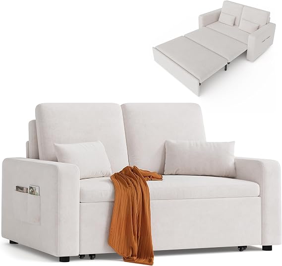 Xbro Sofa Bed 2-Seater Extendable Sofa Bed with Sleep Function, Modern Velour Fabric Couch for Living Room/Guest Room/Office