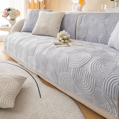 Soft Plush Geometric Quilted Couch Sofa Cover Boho Non Slip Fuzzy Sectional Couch Cover Solid Color Washable Sofa Slipcover Furniture Protector for Kids Dogs Cats Gray,36x102