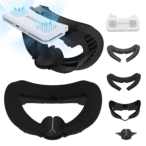 HiBloks Face Cover Pad with Cooling Fan for Meta Quest 3 Accessories | 2Pcs Face Cushion Cover with Fan Cooler for Oculus Quest 3, Replacement Facial Interface Relieve Lens Fogging (2 Speeds)