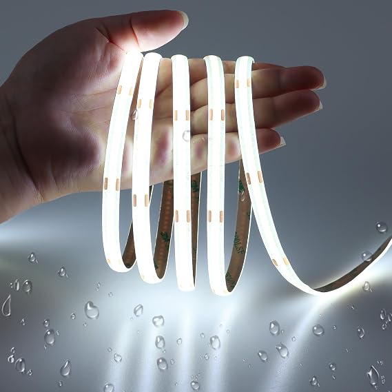 JOYLIT 12V COB LED Strip Lights 6M 6000K IP65 Waterproof CRI 90 Without Dot | Dimmable, 320LEDs/M, Cool White, 2PIN 8MM, 5CM Cuttable, Self-Adhesive Tape Light for Kitchen Cabinet, Bathroom(Lights Only)