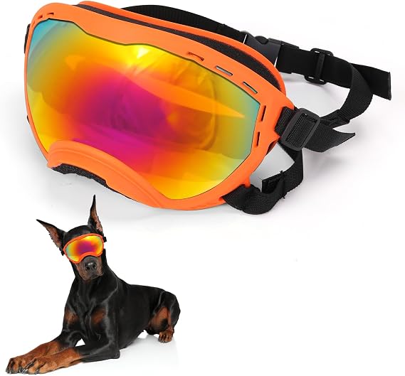 Dog Goggles for Large Dogs, UV Wind Dust Fog Protection, Soft Frame Adjustable Dog Sunglasses, Summer Driving & Winter Snow Eyewear, Tactical Pet Glasses with Elastic Strap (Orange)