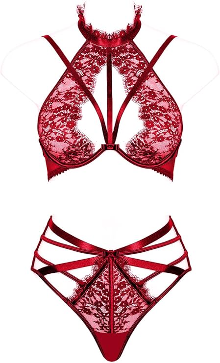 Women Lace Lingerie Set,Lace choker Bra Strappy High waist Panty 2 Pieces Bra Set
