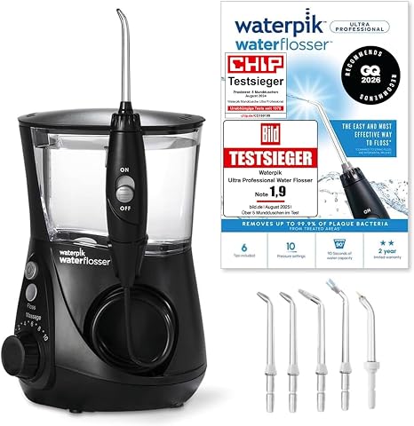 Waterpik Professional Water Flosser Testsieger 2025 Precision Pulse Technology TÜV Siegel bis zu 999 Prozent Plaque Entfernung 6x Aufsätze 10x individuelle Modi integrierter Timer Schwarz