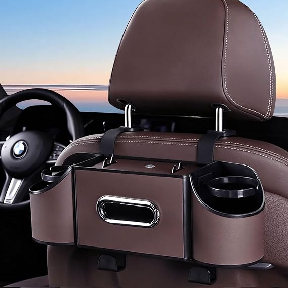 Leather Car Backseat Organizer - 4 in 1 Multifunctional Car Back Seat Storage with Cup Holders, Tissue Box for Phones, Snacks, Drinks & Handbags, Universal Headrest Fit (Brown)