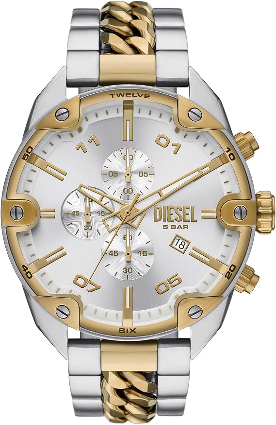 Diesel Men's Watch, Spiked Stainless Steel Chronograph Diesel Watch for Men, Color: Silver/Gold Chain