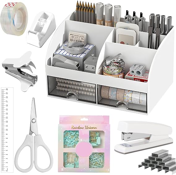 Desk Accessories with Pen Holder, Desktop Stationary Organiser Desk Tidy & Accessories Office Supplies Set, Tape Dispenser, Stapler, Staple Remover, Staples, Clips Set, Ruler, Scissor, Pen, Tape