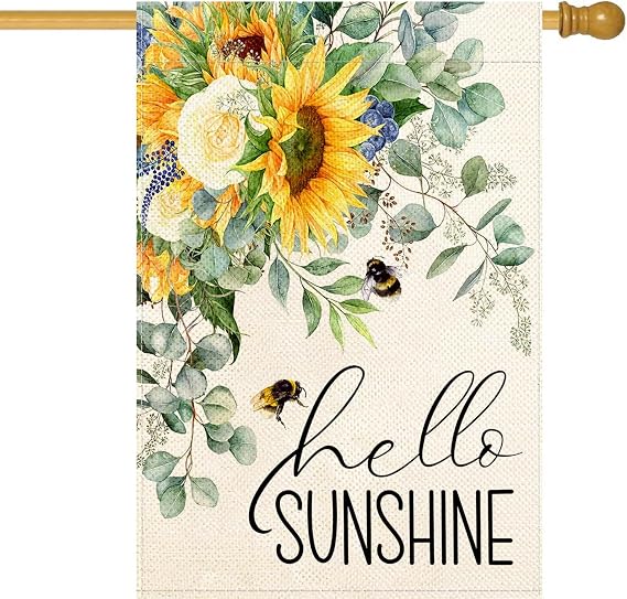 Baccessor Summer House Flag Hello Sunshine Sunflower Bee Eucalyptus Leaves Yard Flag 28 X 40 Inch Double Sided Burlap Large Flag for Outside Decor