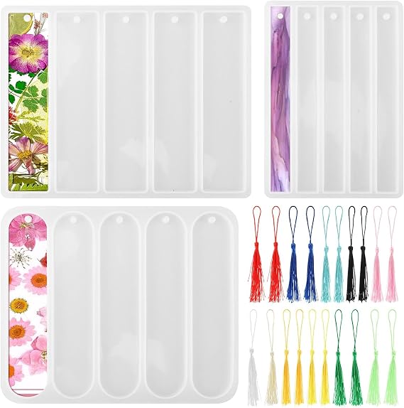 3 Sets Bookmarks Silicone Mold, Bookmark Epoxy Casting Molds, Rectangle Bookmark Mold with 20 Pieces Colorful Tassels for Jewelry DIY Craft