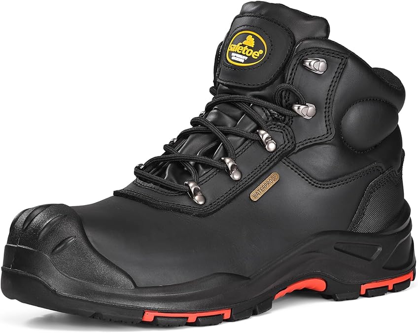 Safety Boots for Men Waterproof Work Boots Cow Leather Slip On Composite Toe Cap Work Shoes Wide Fit