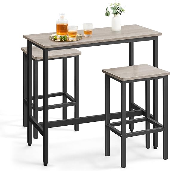 VASAGLE Counter Table Chair 3-Piece Set, Wood Grain, Vintage Dining Set, Natural Wood, Space Saving, Computer Desk, Workbench, Wooden, Stylish, Nordic, Width 39.4 Inches 100 cm, Fashionable, Simple