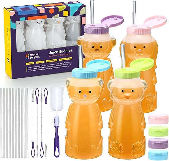 Special Supplies Honey Bear Straw Cup For Babies, 4-Pack, Fun Animal-Shaped Baby Led Weaning Training Drink for Straw Training and Weaning