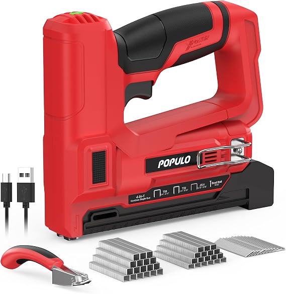 POPULO Electric Staple Gun 4 in 1 Cordless Stapler, 4V Rechargeable Band Nailer, Nail Gun Battery Powered with 2,000 Staples and Nails, Power Tacker Staple Gun for Wood, Upholstery, DIY