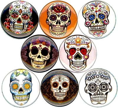 Sugar Skulls x 8 NEW 1 inch 25mm pins buttons badges day dead dia de los muertos calavera ...