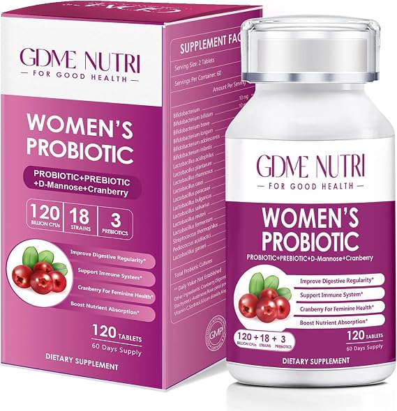 Women's Probiotics, 120 Tablets 120 Billion CFU 18 Strains, Contains Organic Prebiotic Cranberry, Probiotic Supplement for Digestion, Immunity, Women's Health, Soy Gluten Dairy Free