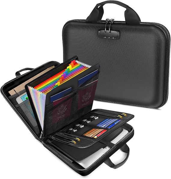 Fireproof Document Organizer with Lock for Important Documents, File | 13-Pocket Accordion Folder, Fire & Water-Resistant, Portable Home Office Travel Safe Box Storage for Laptop, Hard-Shell Case