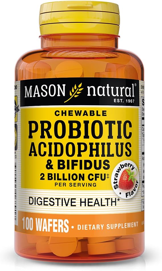 MASON NATURAL Chewable Probiotic Acidophilus, Strawberry, 50 Day Supply | 2 Billion CFU acidophilus & bifidus, 100 chewable strawberry tablets to support normal digestive & colon functions