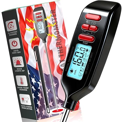 Meat Thermometer Digital, Smart Instant Read Food Thermometer with Super Long Probe for Cooking Grilling Baking Kitchen Candy BBQ Oil Liquid, Backlit Display, Battery Included