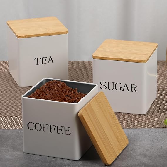 Tea Coffee Sugar Canisters Set, 500 ML 3 Piece of Metal Canister Storage Jar Container Set With Airtight Bamboo Lid,Multi-Purpose Space Saving Sealed Kitchen Food Storage Containers (White)