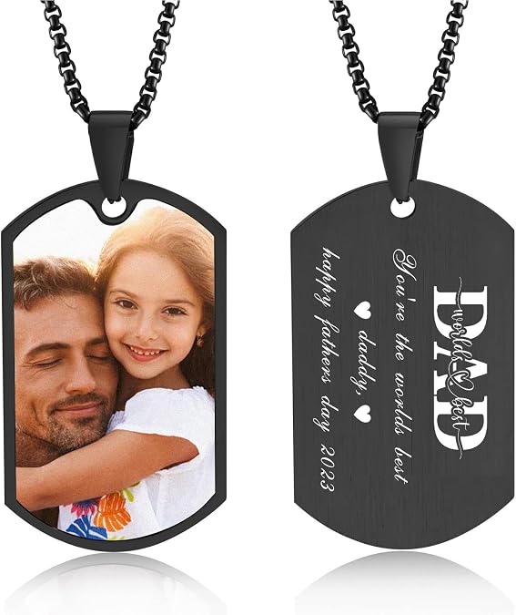 VNOX Personalized Picture Name Necklace, Engraving Stainless Steel Dog Tag Pendant Necklace for Men Women, Customized Gift for Him Dad Husband