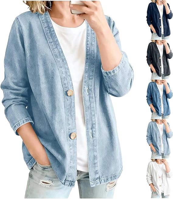 Denim Jacket for Women Classic Button Front Stretch Jean Jacket Lightweight Casual Long Sleeve Denim Cardigan Coat